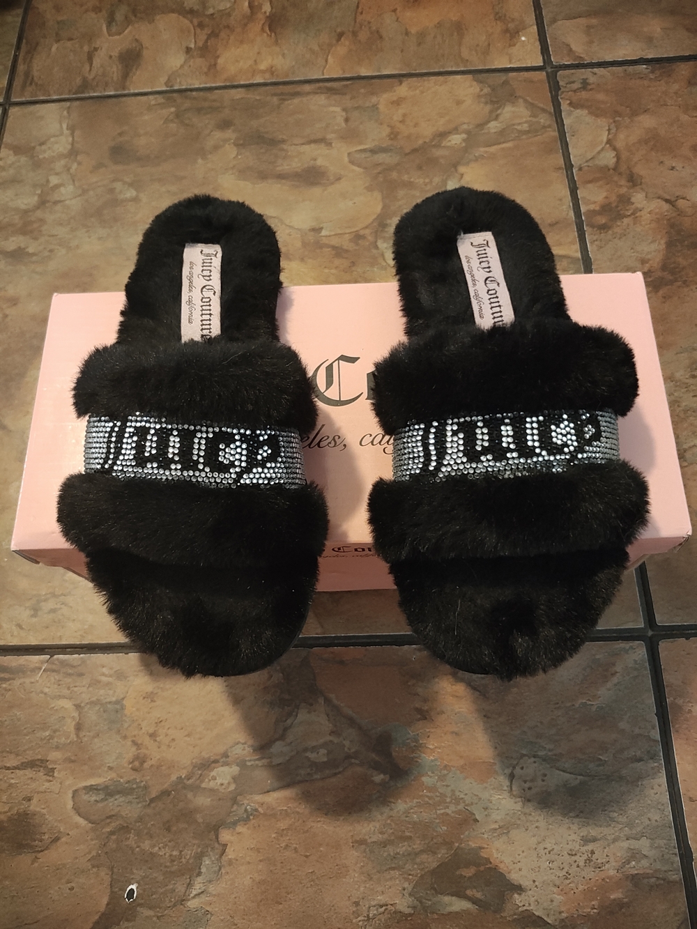 Juicy Couture Black Plush Rhinestone Logo Slide Slippers